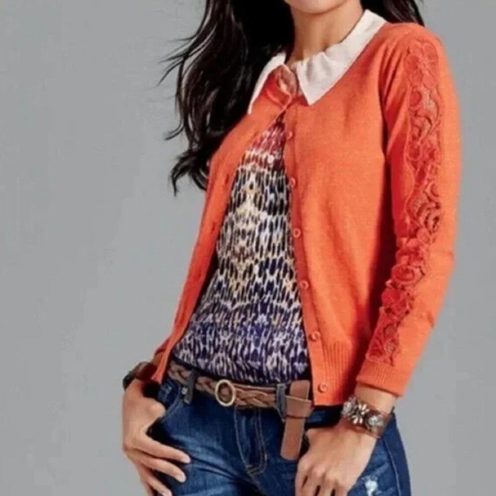 CAbi Orange Lace-Trim Cardigan